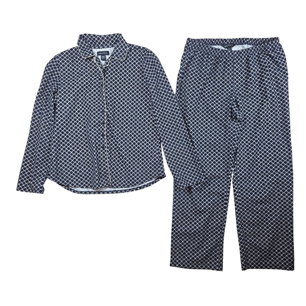 Nautica Pajama Set Women’s Large Navy Blue White Print Button Front Sleepwear